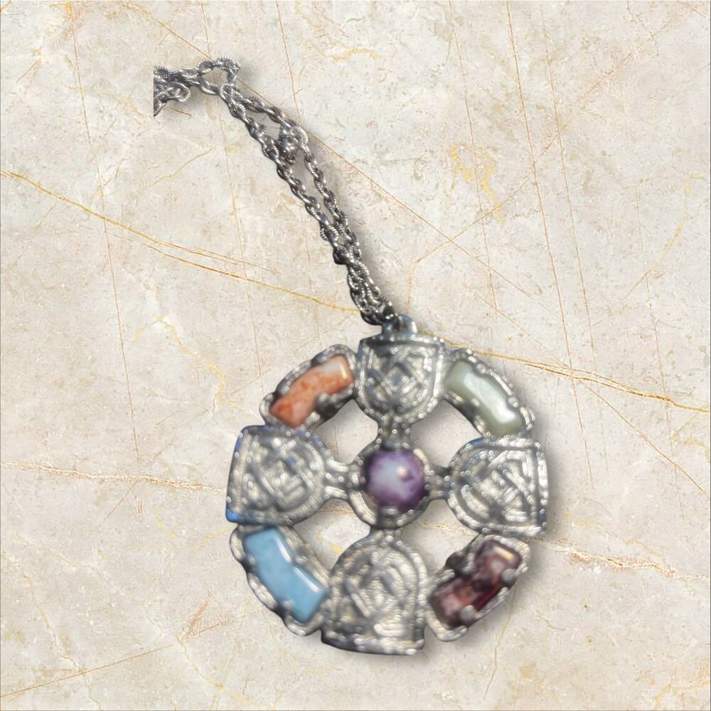 Vintage Celtic Cross with 5 Natural Colored Stones. 22” Chain.